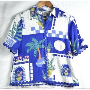 Calypso St Barth XS Linen Blend Ric Rac Trim Button Front Top Blue Print